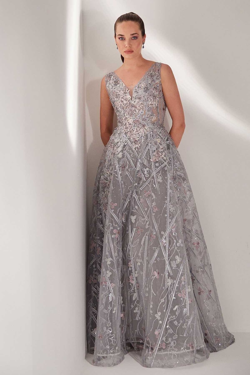 Tiara Kadın Çiçek Desen Nakışlı Abiye Elbise 59460205 Gri Gri