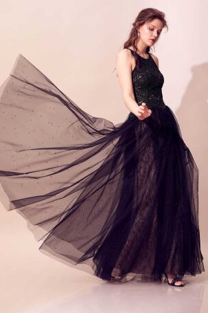 Tiara Kadın Eteği İnci Süslemeli Uzun Abiye Elbise 5946131 Siyah Siyah