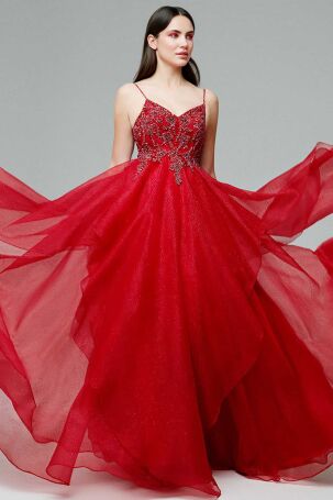 Tiara Kadın İnce Askılı İşlemeli Abiye Elbise 59460154 Kırmızı Kırmızı