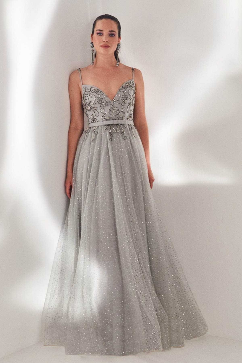 Tiara Kadın İp Askılı Puantiyeli Abiye Elbise 5946148 Gümüş Gümüş
