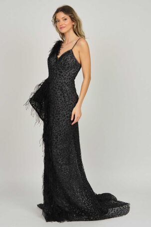 Tiara Kadın Tül Detaylı Derin Yırtmaçlı Abiye Elbise 5946149 Siyah Siyah