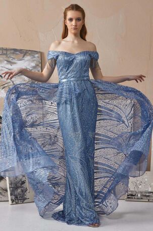 Tiara Kadın Tütülü Balık Form Abiye Elbise 260817 Mavi Mavi