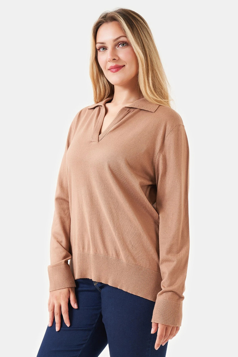 Tolga Saraçoğlu Kadın Büyük Beden Yumuşak Tuşeli Polo Yaka Triko Camel Camel