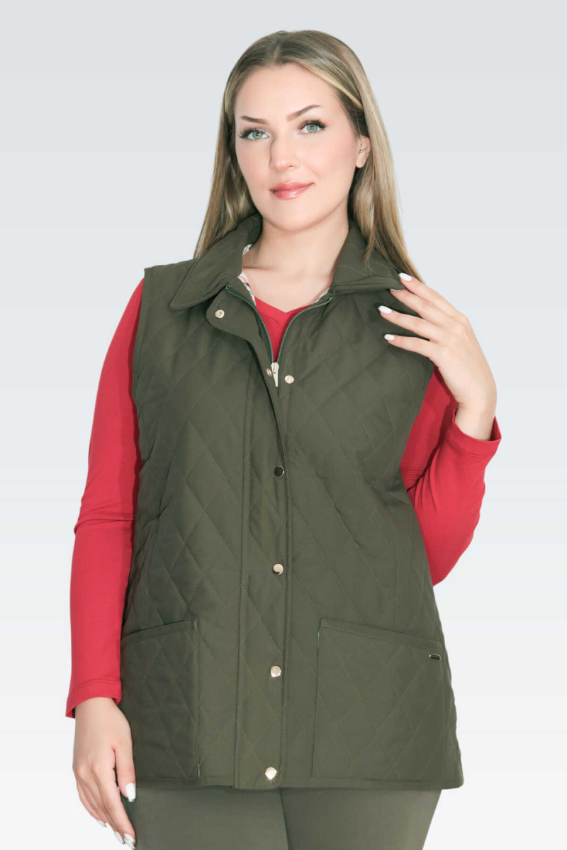 Tolga Saraçoğlu Kadın Ekose Astar Detaylı Hafif Elyaf Kapitone Yelek 70043 Haki Haki