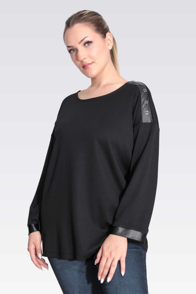 Tolga Saraçoğlu Kadın Suni Deri Detaylı Rahat Kesim Örme Bluz 11089 Siyah Siyah