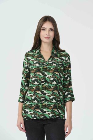 Tolga Saraçoğlu Kadın Truvakar Kol Viskon Krinkıl Kumaş Desenli Bluz 10660 Yeşil Yeşil