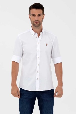 U.S. Polo Assn. Erkek Düğmeli Yaka Slim Fit Uzun Kollu %100 Pamuk Gömlek 1571767 Beyaz Beyaz