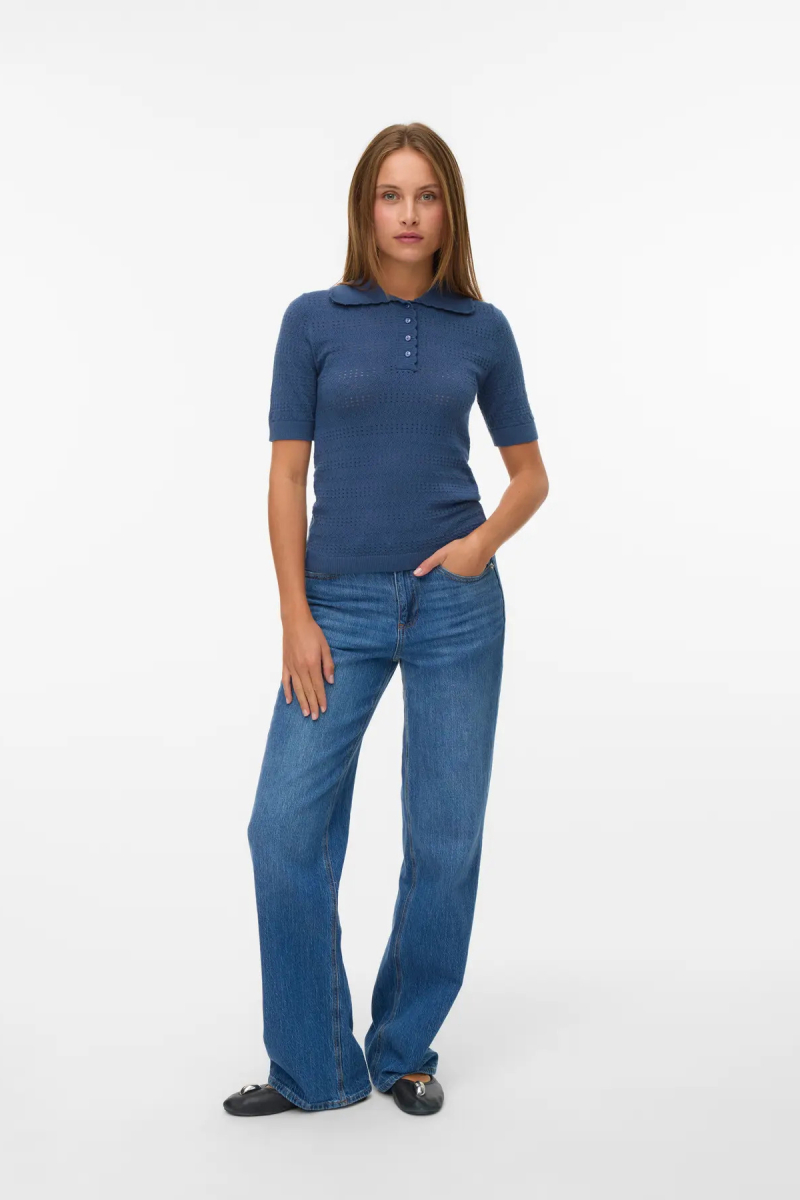 Vero Moda Kadın Vmlımone Polo Yaka Kısa Kollu Kazak 10340101 Indigo Indigo