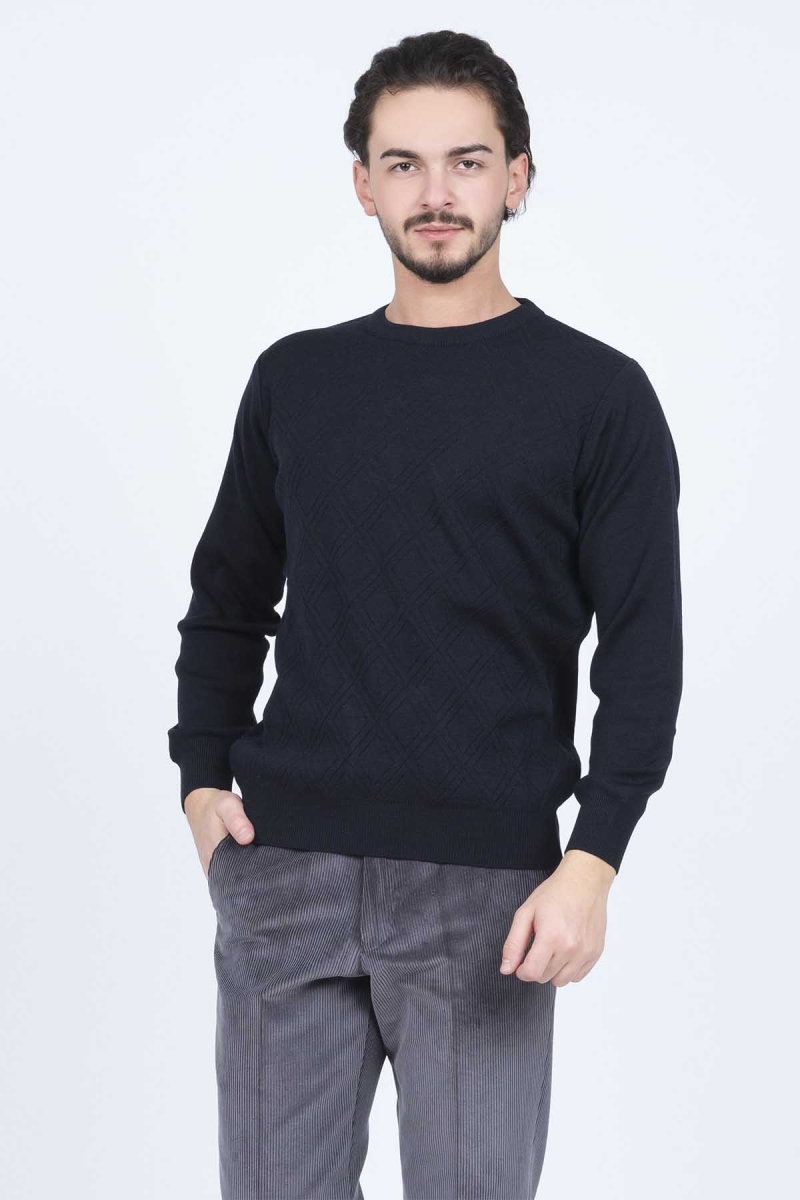 Woolen World Erkek Desenli Bisiklet Yaka Triko Yün Kazak 5596820 Lacivert Lacivert