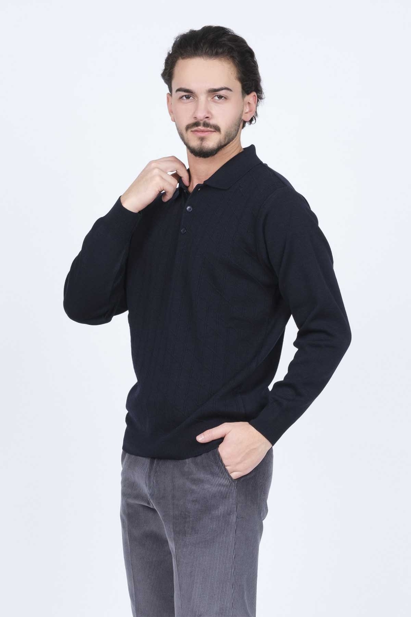Woolen World Erkek Desenli Polo Yaka Triko Yün Kazak 5597141 Lacivert Lacivert