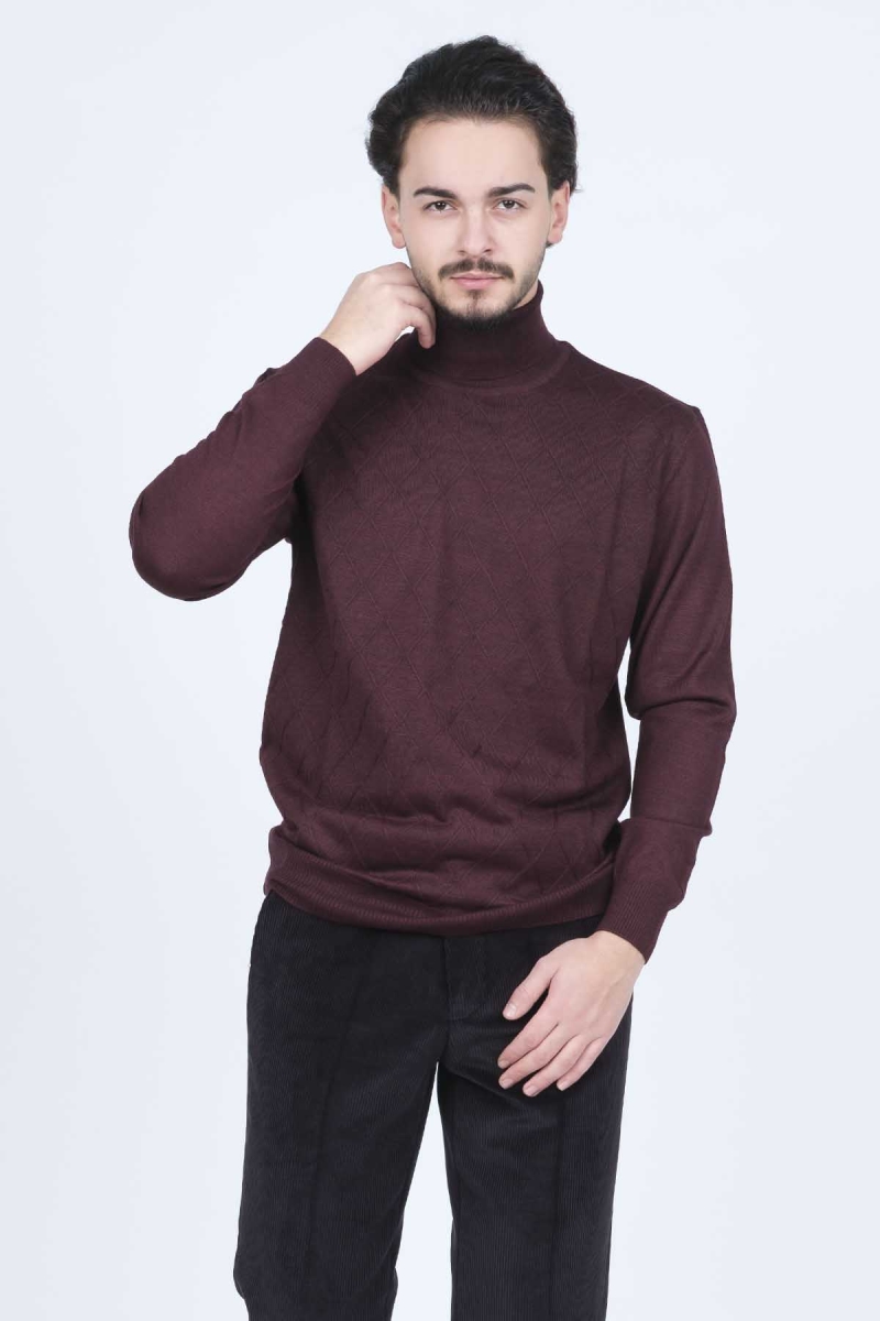 Woolen World Erkek Desenli Tam Balıkçı Triko Yün Kazak 5596984 Bordo Bordo