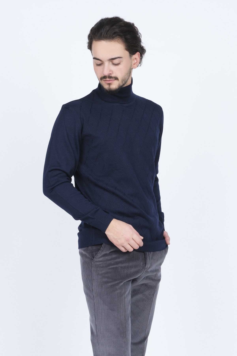 Woolen World Erkek Desenli Tam Balıkçı Triko Yün Kazak 5596984 Lacivert Lacivert