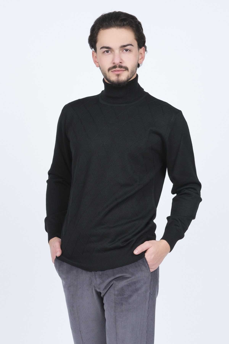 Woolen World Erkek Desenli Tam Balıkçı Triko Yün Kazak 5596984 Siyah Siyah