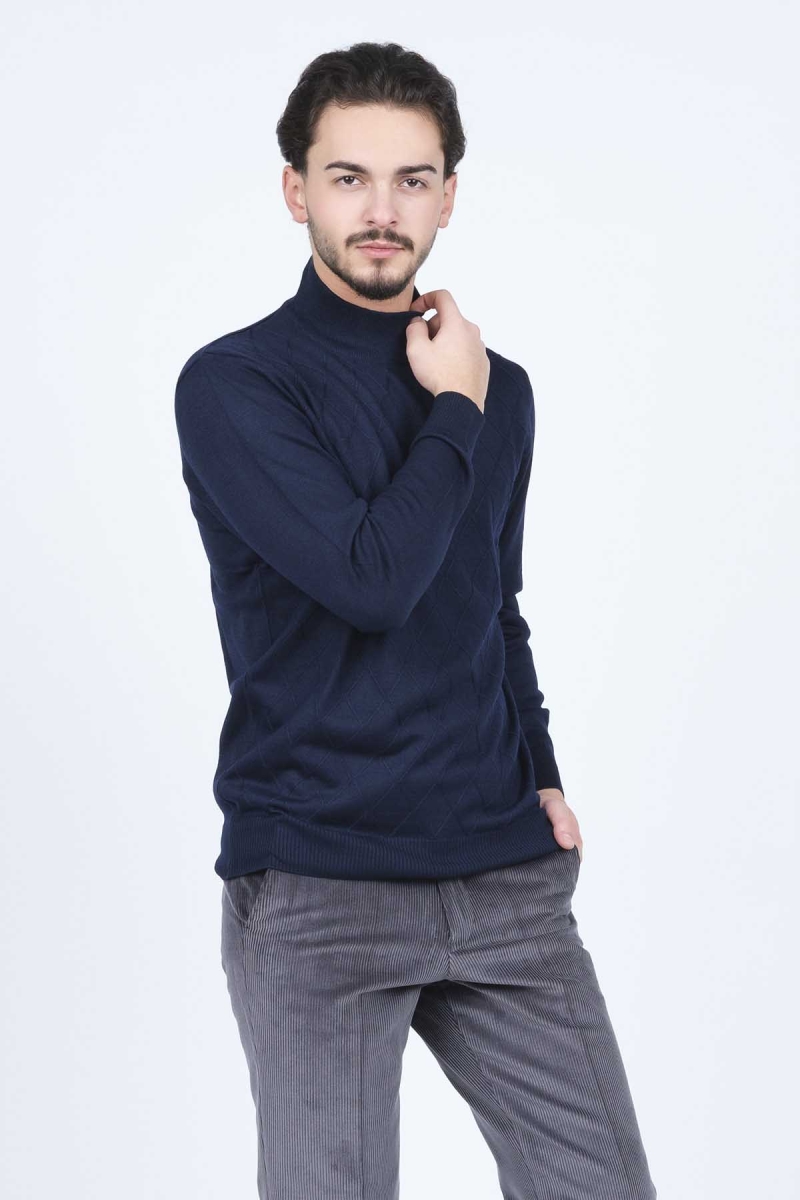 Woolen World Erkek Desenli Yarım Balıkçı Triko Yün Kazak 5596983 Lacivert Lacivert