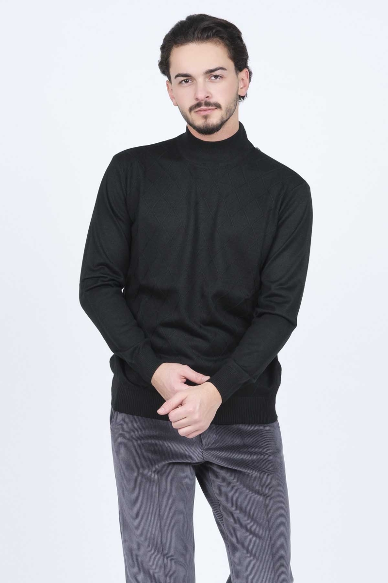 Woolen World Erkek Desenli Yarım Balıkçı Triko Yün Kazak 5596983 Siyah Siyah