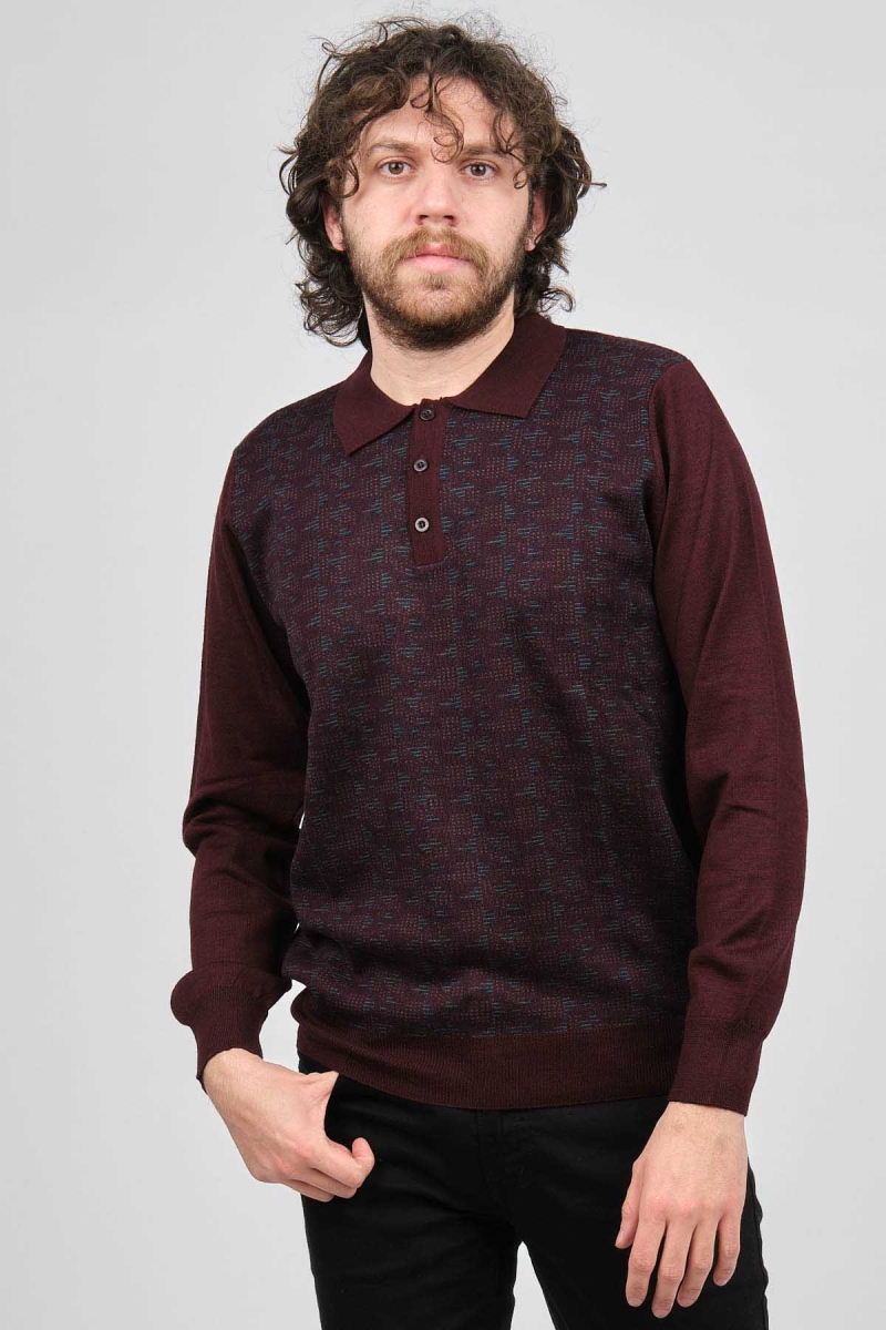 Woolman Erkek Desenli Polo Yaka Yün Kazak 1572001 Bordo Bordo